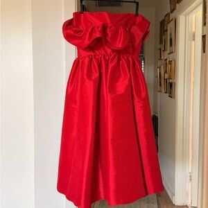 Kika Vargas Red Strapless Ruffle Bodice Midi Dress